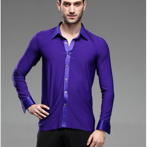 Violet purple long sleeves down collar men's male competition performance latin ballroom dance tops shirts